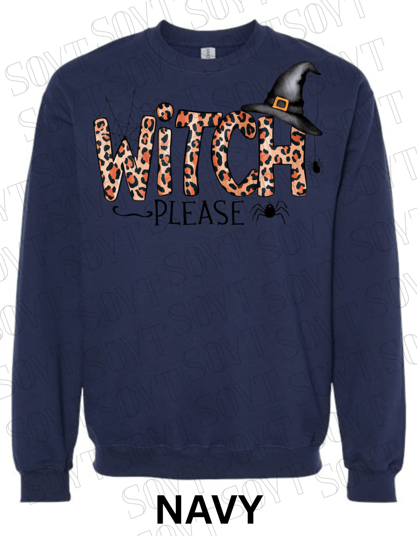 Witch, Please Halloween Sweatshirt – Leopard Print Letters, Spider Web & Witch Hat Pullover - Festive Apparel StoreNavy Blue