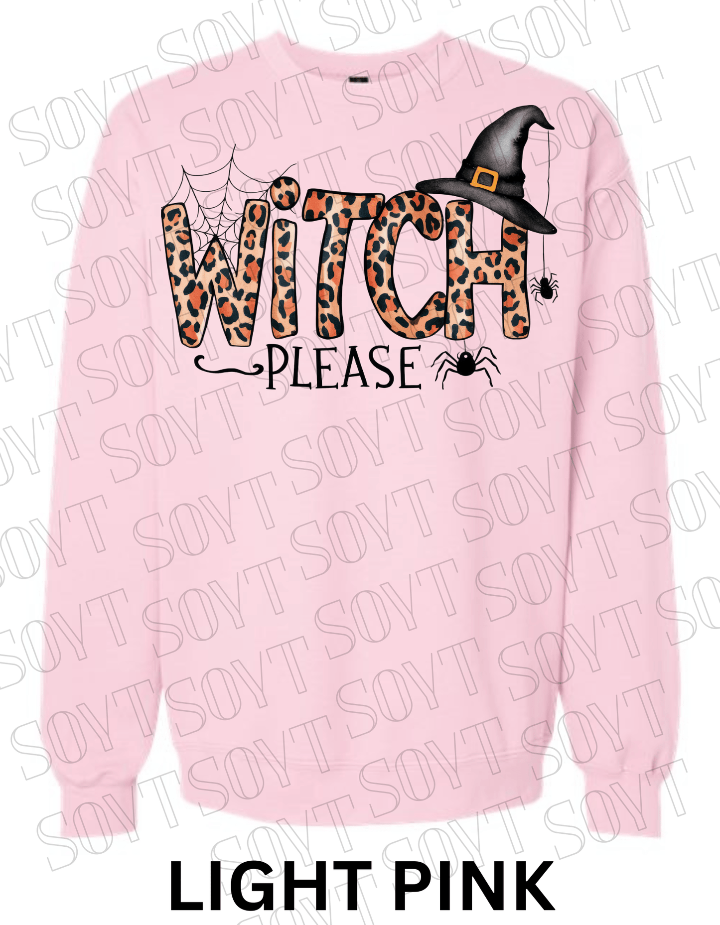 Witch, Please Halloween Sweatshirt – Leopard Print Letters, Spider Web & Witch Hat Pullover - Festive Apparel StoreLight Pink