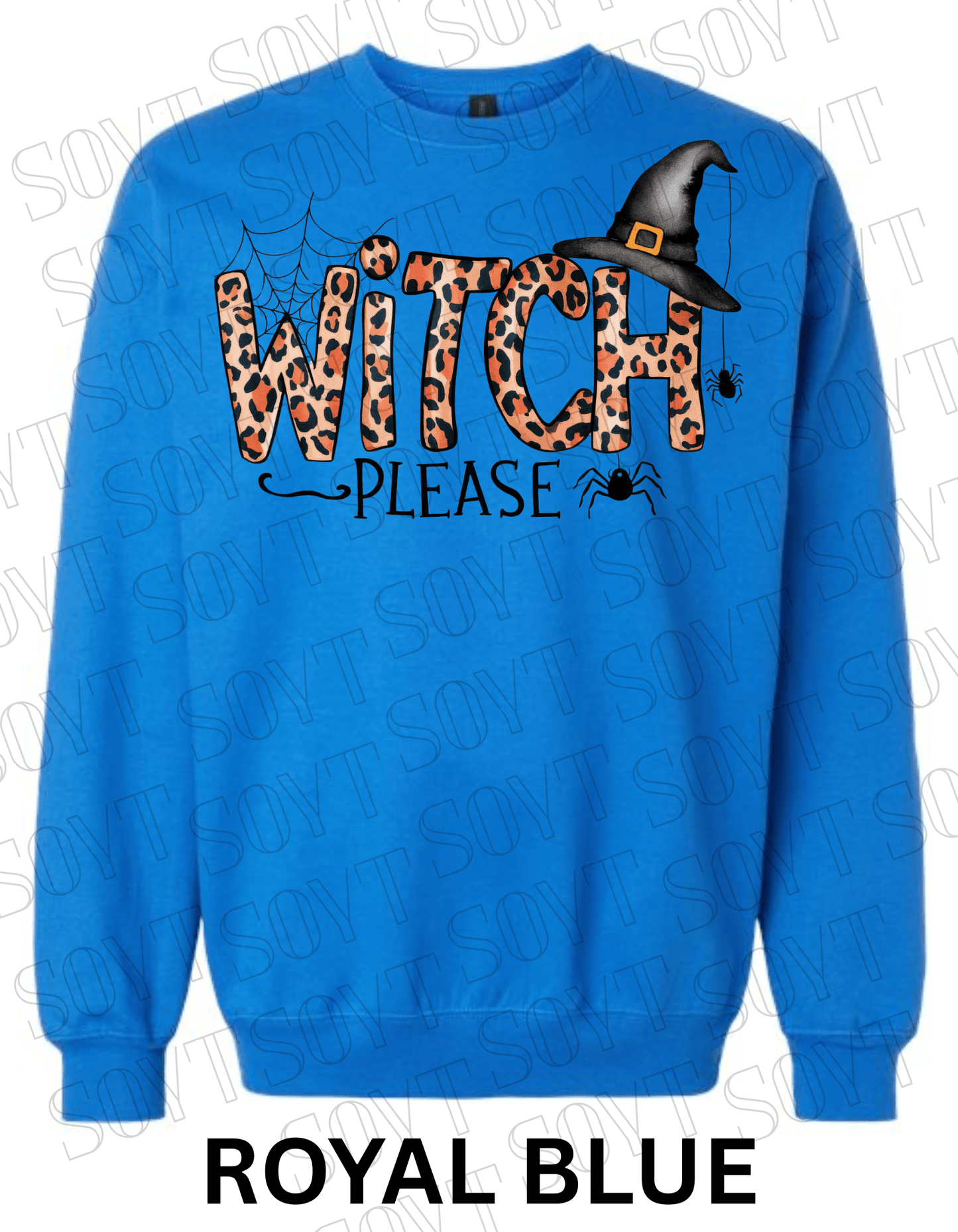 Witch, Please Halloween Sweatshirt – Leopard Print Letters, Spider Web & Witch Hat Pullover - Festive Apparel StoreRoyal Blue