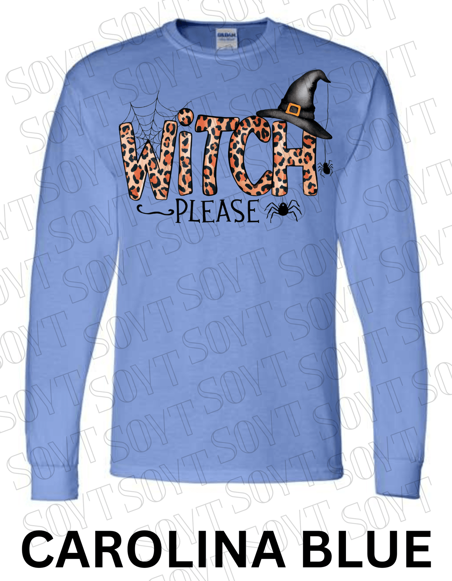 Witch, Please Long Sleeve Shirt – Leopard Print Witch Hat Halloween Graphic - Festive Apparel StoreCarolina Blue