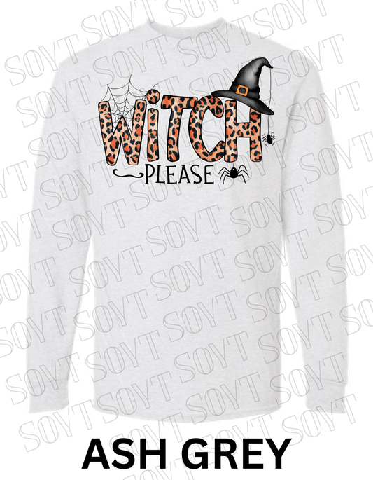 Witch, Please Long Sleeve Shirt – Leopard Print Witch Hat Halloween Graphic - Festive Apparel StoreAsh Gray