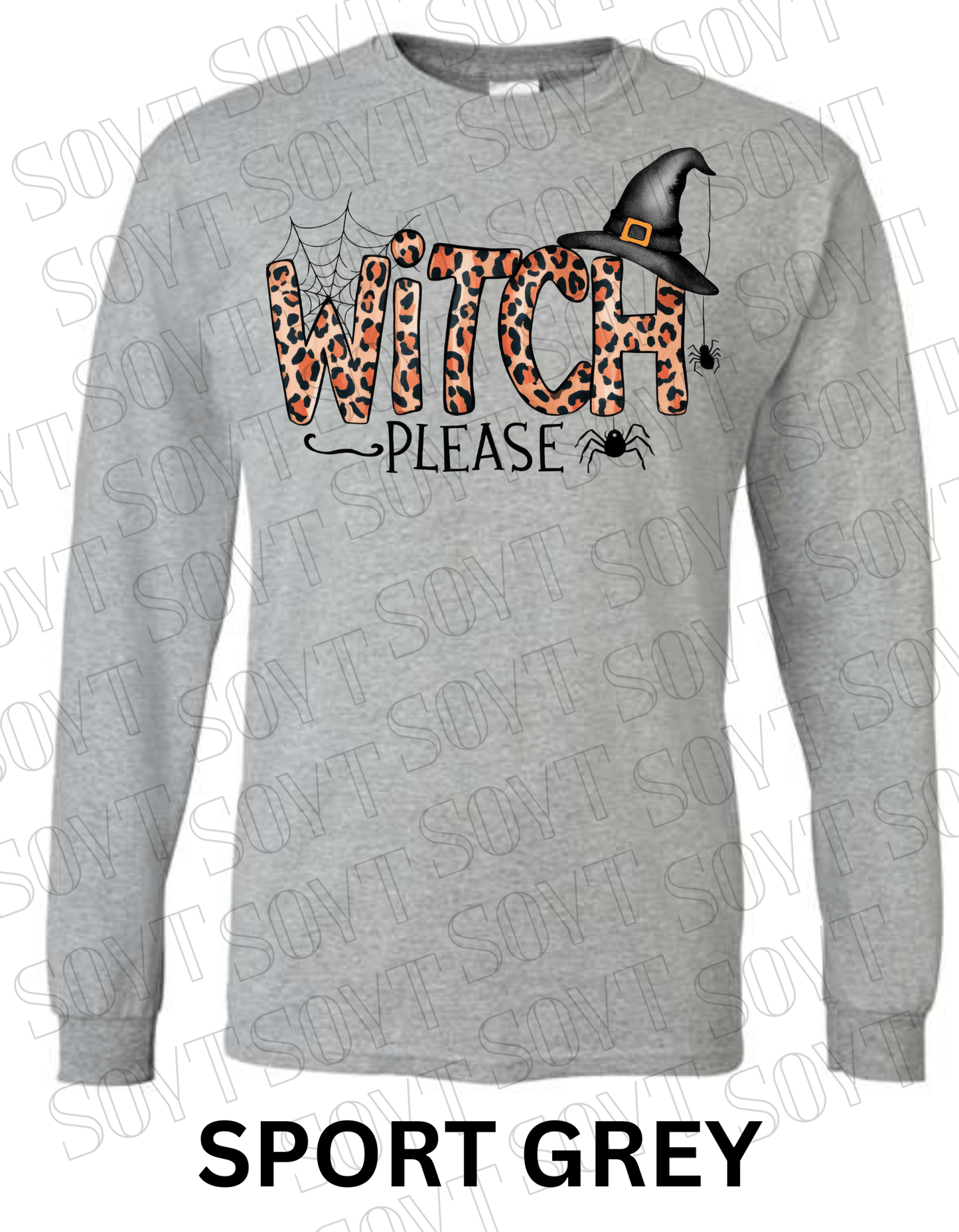 Witch, Please Long Sleeve Shirt – Leopard Print Witch Hat Halloween Graphic - Festive Apparel StoreSport Grey