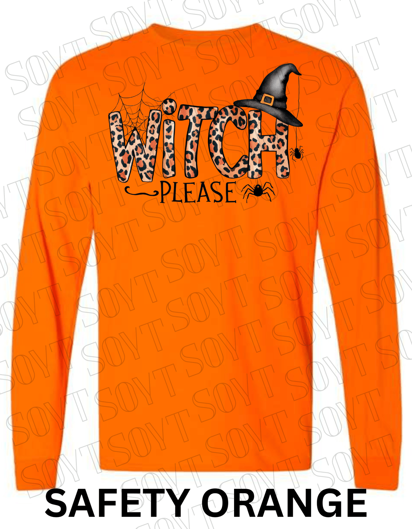 Witch, Please Long Sleeve Shirt – Leopard Print Witch Hat Halloween Graphic - Festive Apparel StoreSafety Orange