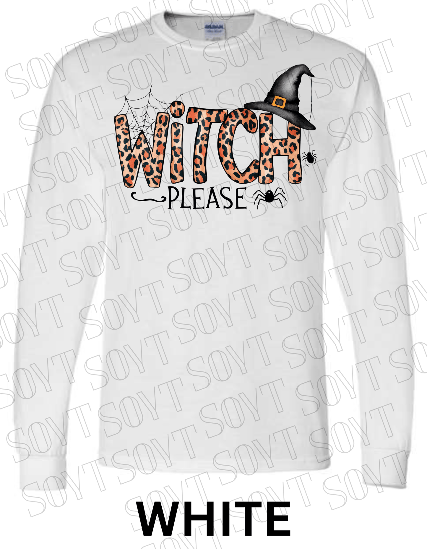 Witch, Please Long Sleeve Shirt – Leopard Print Witch Hat Halloween Graphic - Festive Apparel StoreWhite