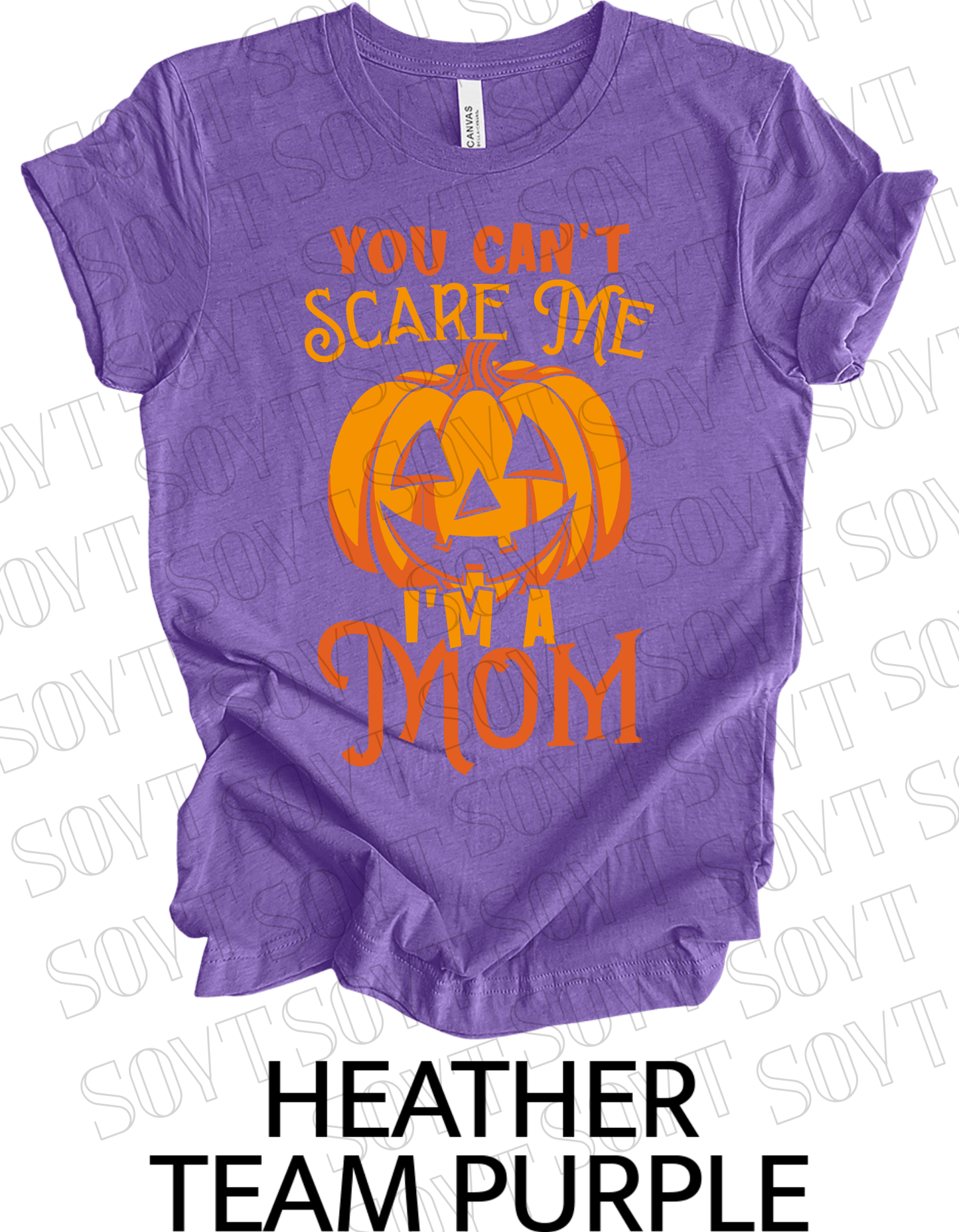 "You Can't Scare Me, I'm a Mom" Halloween T-Shirt – Funny Pumpkin Graphic Tee for Strong Moms - Festive Apparel StoreHeather Purple